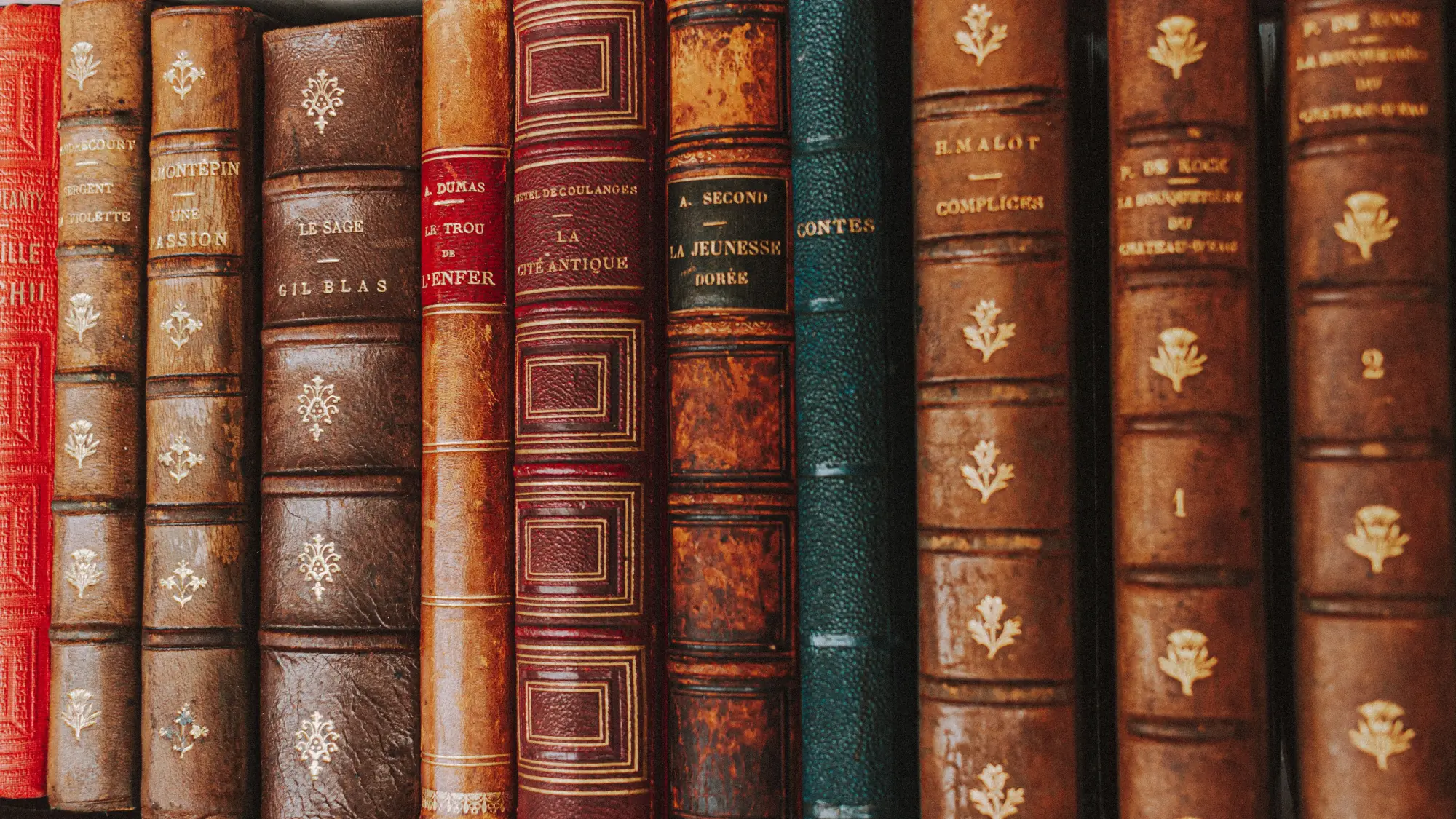 Row of antique leather-bound books with gold-tooled spines